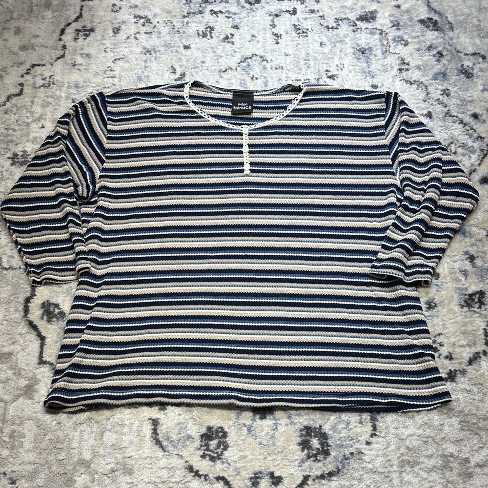Stefano Basics Striped Henley Knit Top Women’s Long Sleeve Blue Beige M/L